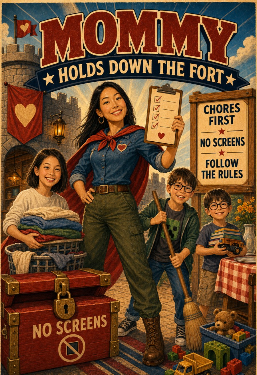 MOMMY HOLDS DOWN THE FORT